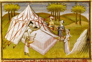 Dzsingisz kán mongol vezető halálos ágyán utolsó ajánlásait adja fiainak, 1410 körül (miniatűr)
