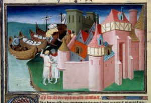 Labdák kirakodása Khambhat városában, Indiában. Miniatűr a „” Csodák könyvében”” („” Devisement du monde”, „” Il Milione”) Ms2810, Folio 86v. Kézirat, amelyet a Mazarin mestere írt, és írta Marco Polo (1254-1324), kb. 1410-1412. BN, Par