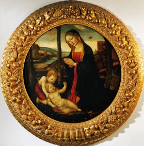 Madonna és gyermek a csecsemő Keresztelő Szent Jánossal, Tondo Miller mesterének tulajdonított festmény (XV. század vége). alkotó: Master of the Miller Tondo (attr. to)