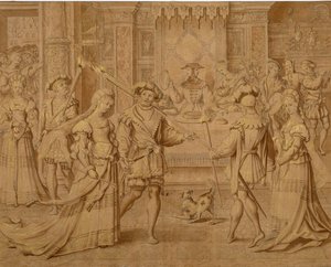 „Petit Patron” a „January” teljes méretű gobelin-rajzfilmjéhez (fekete kréta és barna mosás arannyal a papíron) alkotó: Master of the Months of Lucas