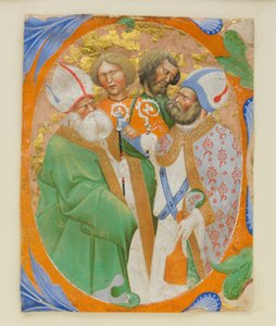 Kéziratos megvilágítás négy szenttel O kezdetű, kóruskönyvből, 1440-50.