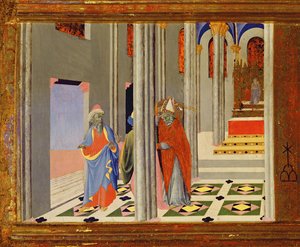 Szent Ambrus megtagadja I. Nagy Theodosius római császár belépését a milánói templomba, 1436 tempera, tábla, 741548 részlete.