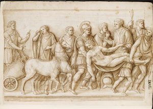 Verso: Meleager visszatérése, egy római szarkofágból, Palazzo Barberini, Róma, 1512-1717 körül (toll és barna tinta barna mosással) alkotó: Master of the Oxford Album