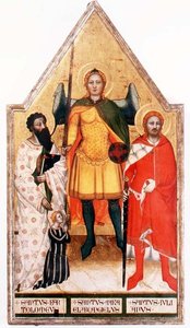 Szent Mihály arkangyal Szent Bertalannal és Szent Julianussal (tempera a panelen) alkotó: Master of the Rinuccini Chapel