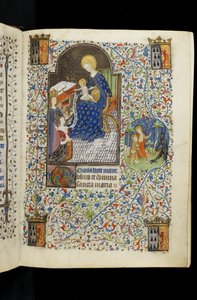 MS 62 f.20r, Szent Katalin bemutatja Bretagne-i Izabelt a Szűznek és a Gyermeknek, egy francia Horae-tól, amelyet Isabel Stuartnak írt, I. Ferenc bretagne-i herceg felesége, 1445-50 körül