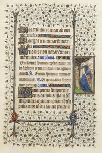 Ms 62 f.132r Könyvet szurkáló nekromanta megszemélyesítése, Guillaume de Deguilleville 1350-es "Szentlélek órái" című művéből, 1417 (tinta és levélarany pergamenre).