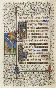 Ms 62 f.132v Szárnyas figura fa tetején, karddal átlyukasztott könyvvel, Guillaume de Deguilleville 1350, 1417-es „Szentlélek órái” című művéből (tinta és aranylevél pergamenen)