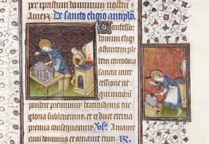 Ms 62 f.215r Szent Eligius szentélyt készít; Szent Eligius egy üllőnél, egy Órakönyvből