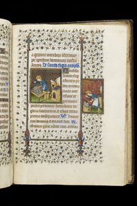 Ms 62 f.215r Szent Eligius szentélyt készít; Szent Eligius egy üllőnél, az Órák könyvéből, 1445-50 körül (vellum)