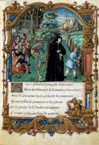 Representation of the Queen of Navarre Margarita of Angoulema (1492-1549), courteous love scene. Page taken from the manuscript “” La coche ou Debat d