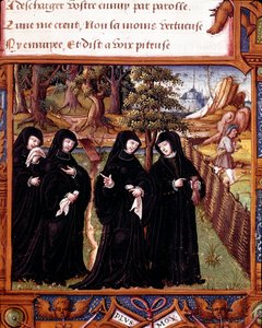 Angoulemai Margarita navarrai királynő (1492-1549) ábrázolása társaival beszélgetve. Oldal az Angoulemai Margarita „” La coche ou Debat d