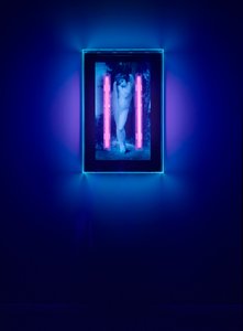 Ultraibolya Angyal, 2008 (Ultraibolya tinta plexiüveg dobozon, 2 ultraibolya neonfény) alkotó: Mat Collishaw