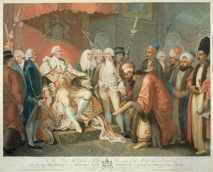 Őfelsége és államtisztjei a török követ és öltöny fogadása, metszet: Daniel Orme (1767-1832), pub. készítette: Edward Orme, 1797 (stipple-metszet) alkotó: Mather Brown