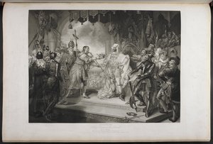 Richárd király a második.IV. felvonás. I. jelenet. Richard király, Bolingbroke, York, Aumerle stb. A Parlament épületében, 1803 körül (metszet) alkotó: Mather Brown