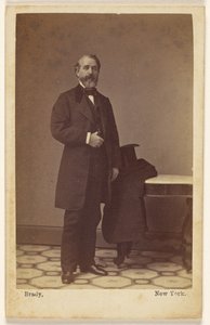 [Azonosítatlan álló szakállas férfi, cilinder és kabát egy közeli asztalon] alkotó: Mathew B. Brady