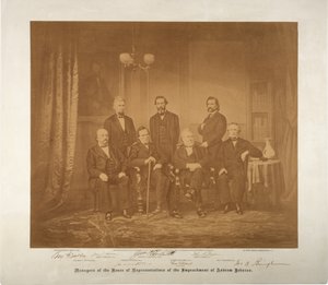 Az impeachment képviselőházának vezetői, 1868 (szépia fotó) alkotó: Mathew B. Brady