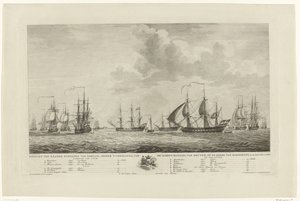 Holland háborús flotta Rammekensnél, 1782-1783 Kilátás az ország hadihajóira, Van Kruyne ellentengernagy parancsnoksága alatt a rammekensi úttesten, in den Jaare 1782 és 1783 (cím a tárgyon)
