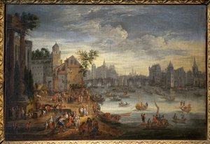 Kilátás Párizsra a Pont Neuffel. Mathieu Schoevaerdts festménye (XVII. század vége), olaj, vászon