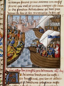 Hetedik keresztes hadjárat: Szent Lajos király (1214-1270) és a Damiettát ostromló átkelőhelyek 1249 júniusában Alsó-Egyiptomban. Miniatűr Vincent de Beauvais (1184/94-1264) „Speculum historiale” (Le Mirror historial) kéziratából, amelyet a Mester megvilág