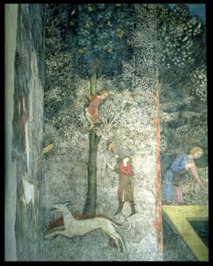 Vadászkutyák és fára mászó férfiak, a La Chambre du Cerf Legényszoba 1347-es freskójának dekorációs sémájának részlete