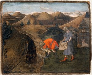 Romulus és Remus legendája: Romulus és Remus, amelyet Faustulus pásztor gyűjtött össze. Matteo di Giovanni (1430-1495) festménye, detrempe fára, 29,5 x 35 cm. Olasz művészet 15. század. Musee des Beaux Arts de Libourne.
