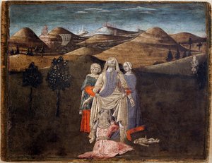 Romulus és Remus legendája: Rhea Silvia születése. Matteo di Giovanni (1430-1495) festménye, detrempe fára, 27,9 x 35,7 cm. Olasz művészet 15. század. Musee des Beaux Arts de Libourne.