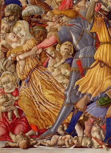 Az ártatlanok mészárlása, részlet egy gyermek késelésére készülő katonáról és a környező mészárlásról, 1482 tempera az 106233 panel részletén