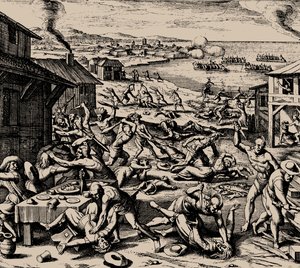 Powhatan támadás 1622. március 22-én. alkotó: Matthaus the Elder Merian