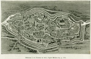 Mulhouse repül 1642-ben. Matthaus Merian (1593-1650) metszete az Elzászon és Lotaringián keresztül című történet illusztrálására, Charles Grad német deputátor 1885-ben, a tour du monde 1886-ban, Edouard Charton (1807-1890) rendezésében. , Hachette, Párizs. alkotó: Matthaus the Elder (after) Merian