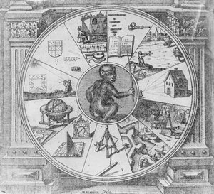 Robert Fludd Utriusque Cosmi Historia, Tractatus Secundus de Naturae Simia Sue Tecnica Macrocosmi című művének címlapképe, Frankfurt, 1624.