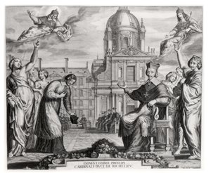 Robert de Sorbon (1201-94) és Richelieu bíboros (1575-1642) a Sorbonne előtt, Gregoire Huret (1606-70) metszete 1639