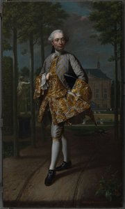 Gerard Cornelis van Riebeeck portréja Gerard Cornelis van Riebeeck (1722-1759), Delft államtitkára, feltehetően a voorburgi Essensteyn vidéki háza előtt áll.