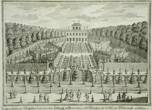 Egy München melletti hercegi rezidencia képe, az „Erlustierende Augenweide in Vorsetellung Herrliche Garten”-ből, Karl Remshard (1678-1735) metszete, megjelent 1725 körül (metszet) alkotó: Matthias (after) Diesel