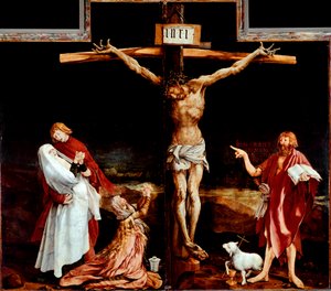 Issenheim oltárkép (vagy Isenheim): a keresztre feszítést ábrázoló központi tábla - „INRI” felirat a kereszten - Mathis Neithardt fafestménye Gothardt dit Matthias Grunewald (kb. 1480-1528) 1512-1516 Méret 269x307 cm Untermarmar, Musee