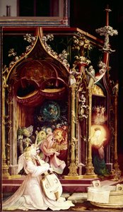 Angyalok koncertje zenész, a betlehemesben, részlet. Issenheim oltárképe (olaj, tábla alkotó: Matthias (c.1480 1528) Grunewald