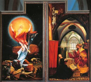Krisztus angyali üdvözlete és feltámadása, részlet az Isenheim-oltárról, 1512-1616 körül (olaj, tábla)