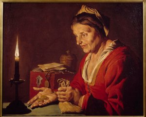 Kapzsiság - Egy idős nő gyertya fényében nézi az aranyérméit, amiket most jött ki rejtekhelyéről - Mathias Stomer (Matthias Stom) festménye (1600-1650) Ec Flam