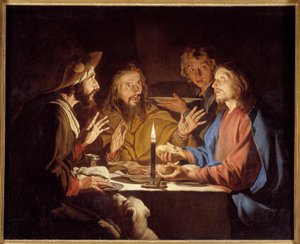 Krisztus emmausi tanítványai megjelennek az emmausi fogadóban asztalnál ülő pelerineknek - Mathias Stomer (Matthias Stom) festménye (1600-1650) 17. század V 1,3x1,64 m Grenoble, Musee des Beaux Arts