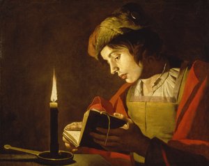Egy fiatalember, aki gyertyafénynél olvas - Egy fiatalember, aki gyertyafénynél olvas, szerző: Matthias Stom (Stomer) (kb. 1600-1650 után). Olaj, vászon, 1630 körül. Mérete: 58,5x73,5 cm. Nemzeti Múzeum Stockholm
