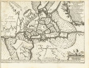 Beleg van Gent, 1708 A szövetségesek hadseregei által 1708. december 22-én Marlborough hercege és hercege vezetésével ostromlott Gent város és fellegvár ostromának és támadásainak térképe (cím a tárgyon)