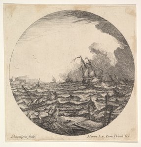 Vihar kerek összetételben, bal oldali hullámoknál dobál egy kis hajót, heten..., kb. 1625-60. alkotó: Matthijs van Plattenberg