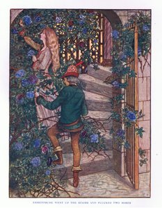 Ermentrude felment a lépcsőn, és leszedte a rózsákat, illusztráció a Lady and Fairy Tales, 1914-ből
