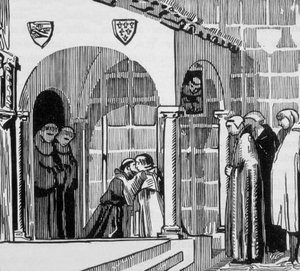 Szent Lajos francia király (IX. Lajos 1214-1270), mint zarándok, aki a perugiai Saint Frere Gilles-t látogatja, Maurice Denis rajza alapján Jacques Beltrand metszet alkotó: Maurice (after) Denis