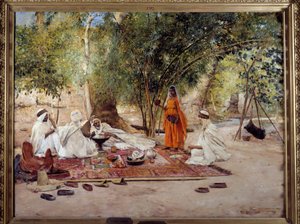 Orientalizmus: „” a vendégszeretet étkezése””” Az arab élet jelenete az algériai Biskra melletti Chelma oázisában. Maurice Bompard (1857-1936) festménye 1891 Marseille, Musee des Beaux Arts