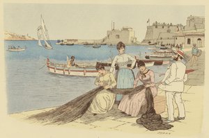 Egy férfi beszélget egy csoport nővel, akik halászhálókat javítanak a franciaországi Villefranche városában (színes litográfia). alkotó: Maurice Charles Mathieu Bonvoisin