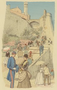 Emberek sétálnak a nagy lépcsőn a királyi palotában, Monacóban. (színes litó) alkotó: Maurice Charles Mathieu Bonvoisin