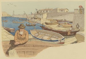 Tipikus csónakos a franciaországi nizzai kikötőben (színes litó) alkotó: Maurice Charles Mathieu Bonvoisin