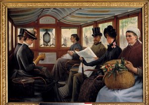 Az omnibuszban Az utasok omnibuszban telepednek le. Maurice Delondre festménye (XIX. század) 1890 V. 0,66x0,94 m Párizs, Musee Carnavalet alkotó: Maurice Delondre
