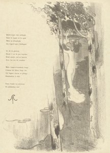 Illusztráció egy meztelen nővel, aki fák között áll a tó mellett Stéphane Mallarmé Petit Air című versével Illusztráció a Stéphane Mallarmé Petit Air szonettjéhez L