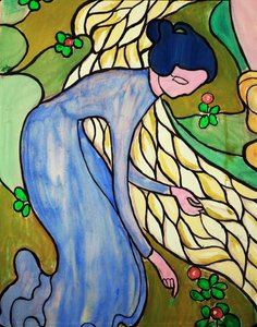 Nő a patakparton, vázlat egy ólomüveg ablakhoz (gouache, papír) alkotó: Maurice Denis